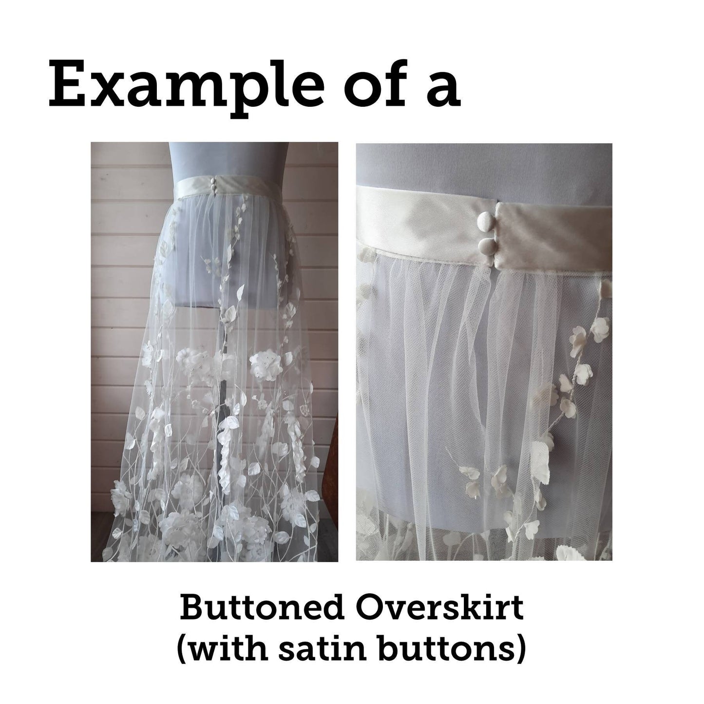 Floral bridal overskirt in off-white. Embroidered tulle with trailing flowers and leaves, perfect for a winter wedding.