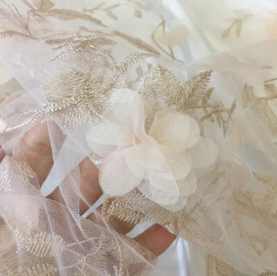 Embroidered floral veil with chiffon flowers and metallic thread. Alternative bridal veil.