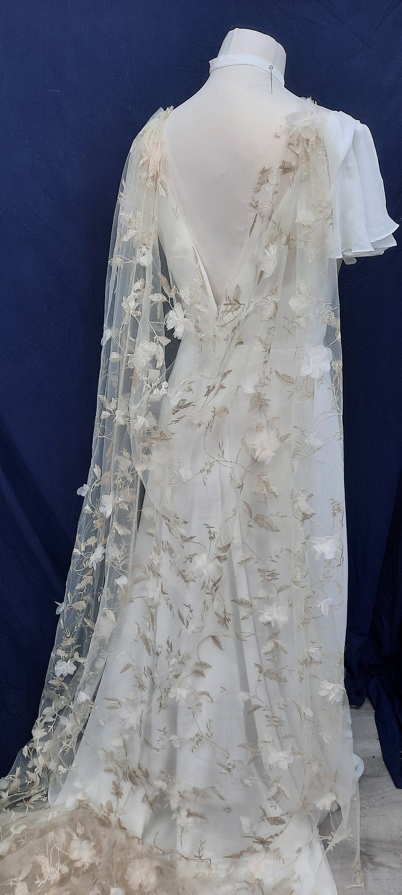 Embroidered floral veil with chiffon flowers and metallic thread. Alternative bridal veil.