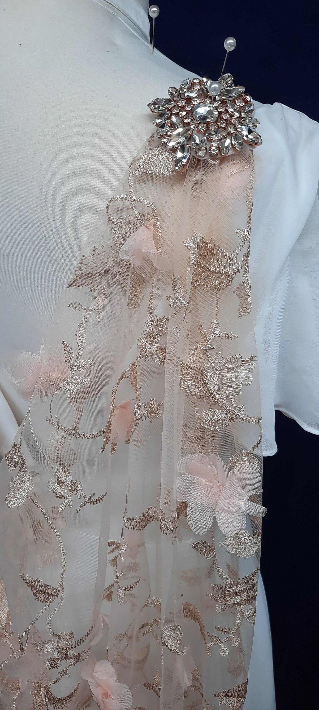 Embroidered floral veil with chiffon flowers and metallic thread. Alternative bridal veil.