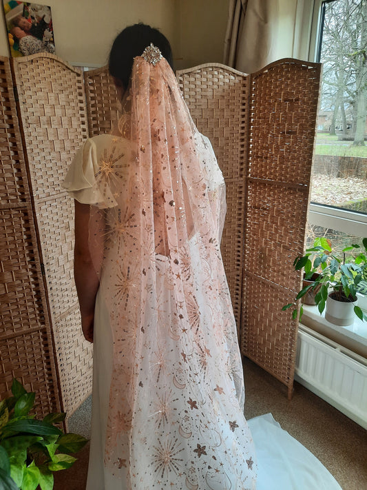 Rose gold celestial veil - Star Crossed Lovers in Rose Gold / Starry Veil / Star Cape / Pink Bridal Cover up / Sequined Cape