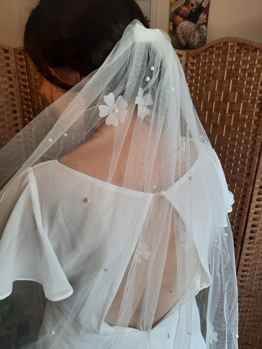 Soft white floral & pearl veil. Veil with 3d  flowers and pearls. Classic veil with a twist.