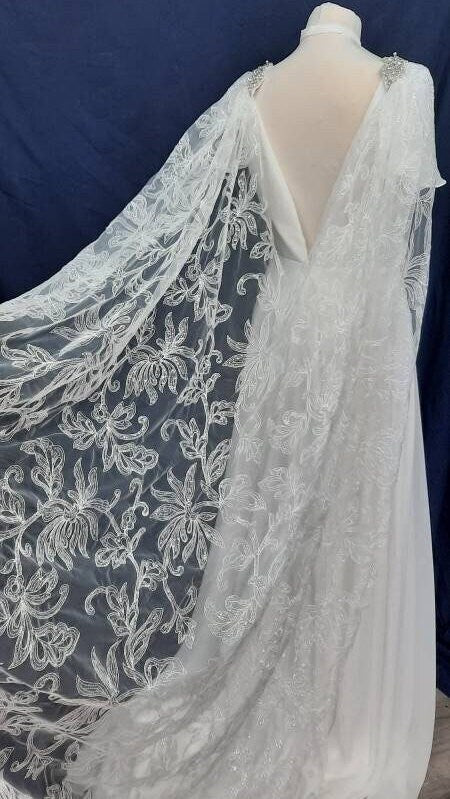 White floral sequin wedding cape.  Floral bridal cape, veil alternative. White wedding cape.