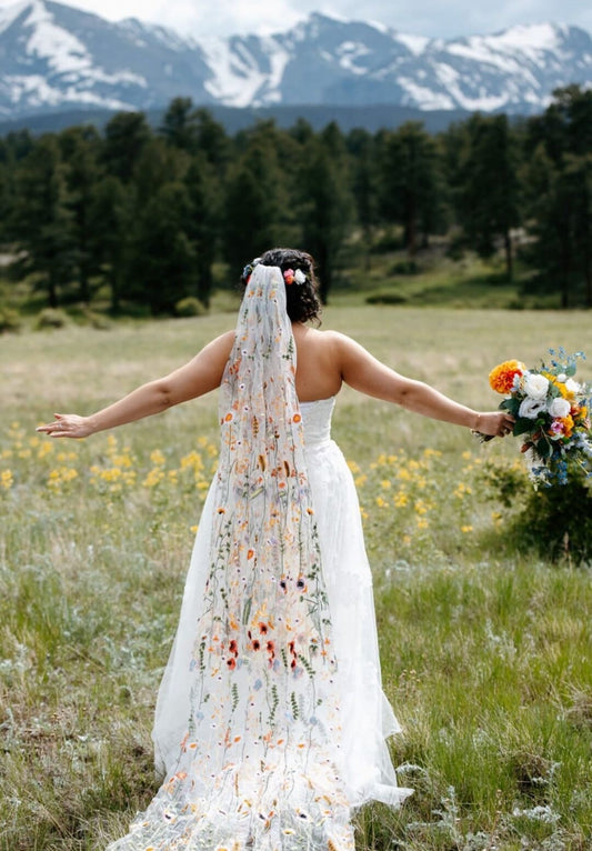 Orange wildflower veil / veil with embroidered flowers / alternative bridal veil / woodland wedding veil / floral wedding veil