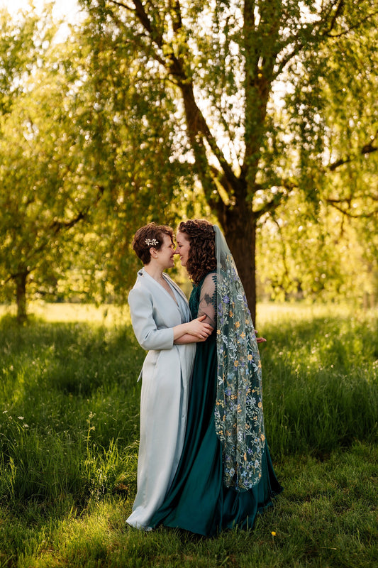 Megan-  green wildflower veil / veil with embroidered flowers / alternative bridal veil / woodland wedding veil.