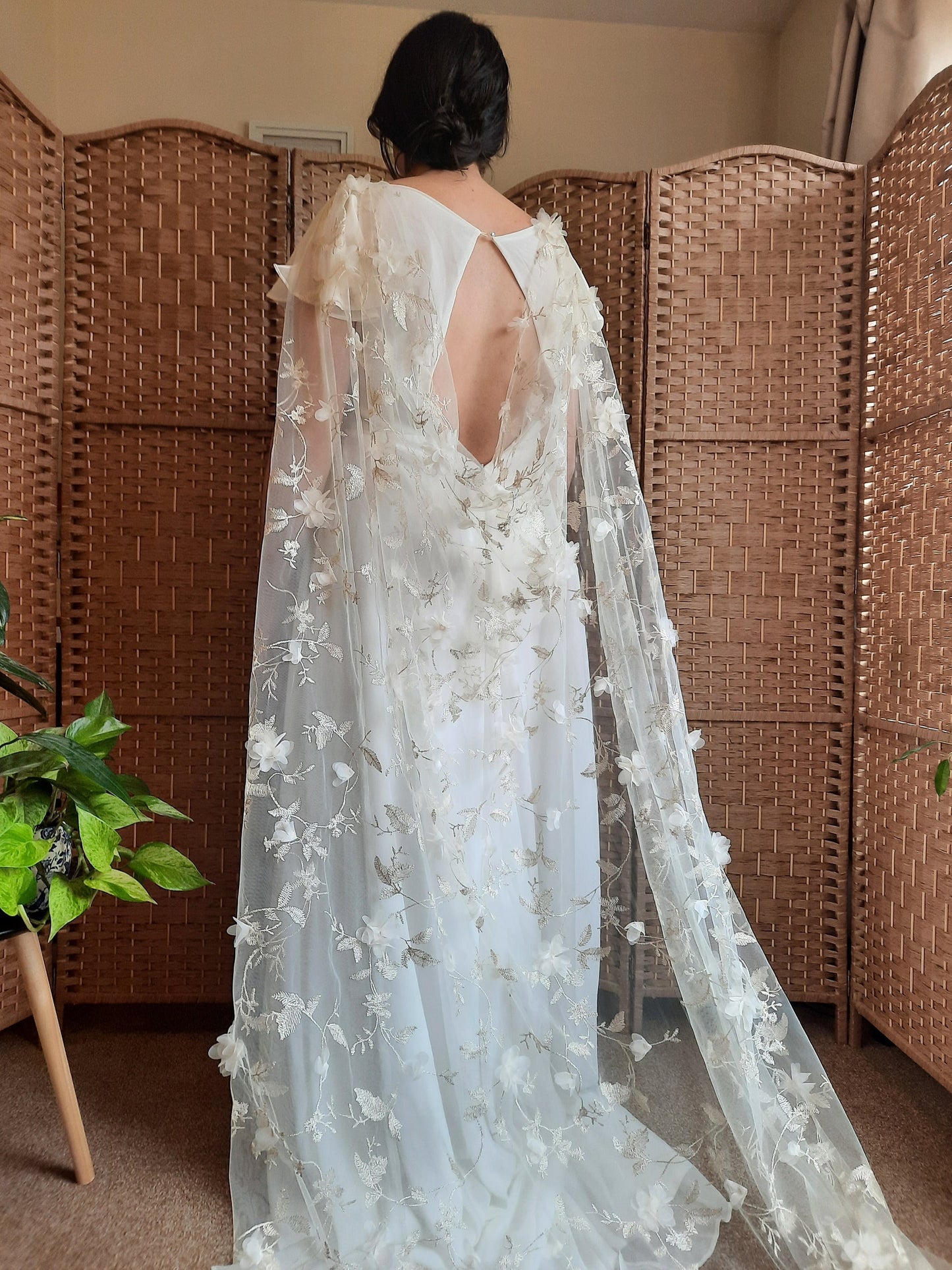 Embroidered floral veil with chiffon flowers and metallic thread. Alternative bridal veil.